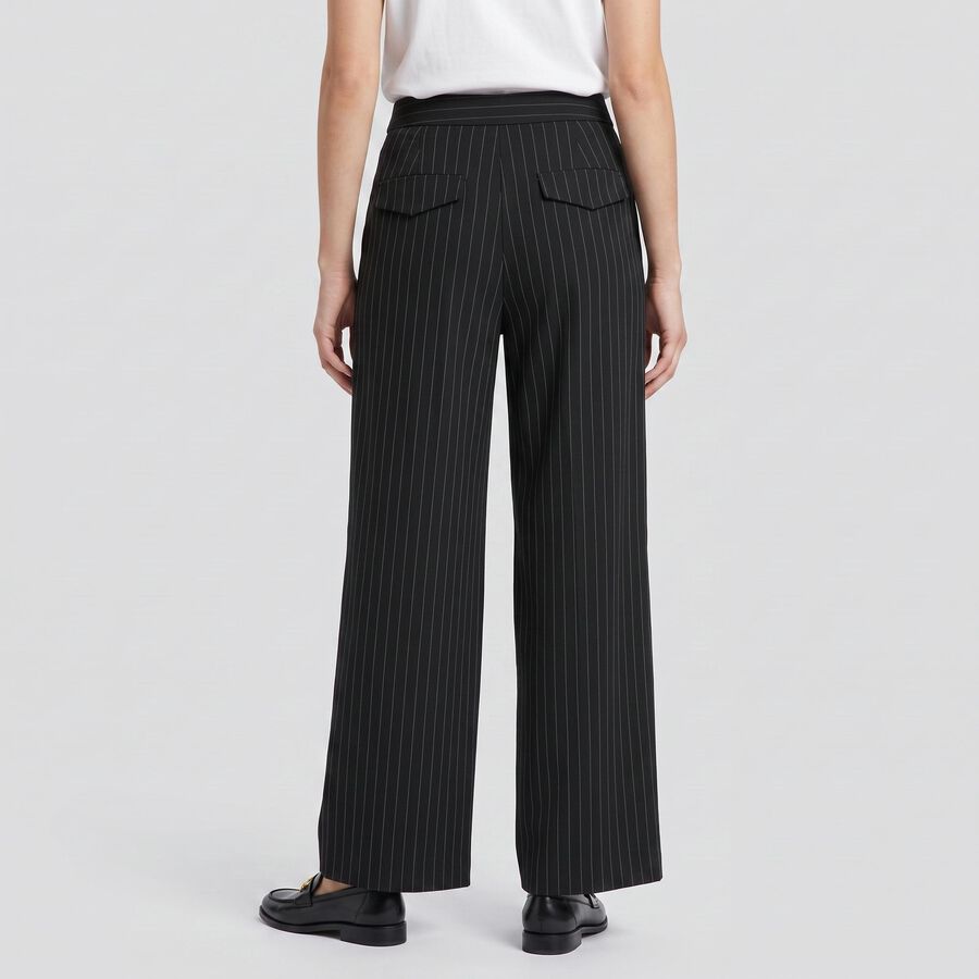 Women's Black Wide Leg Pinstriped Trousers, Black, large