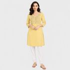 Women's Yellow V-Neck Embroidered Kurta, Yellow, small