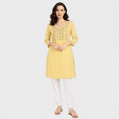 Women's Yellow V-Neck Embroidered Kurta