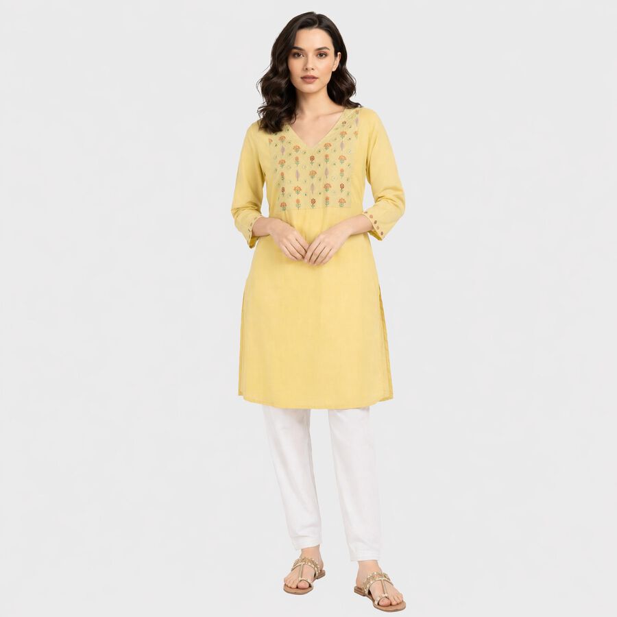 Women's Yellow V-Neck Embroidered Kurta, Yellow, large