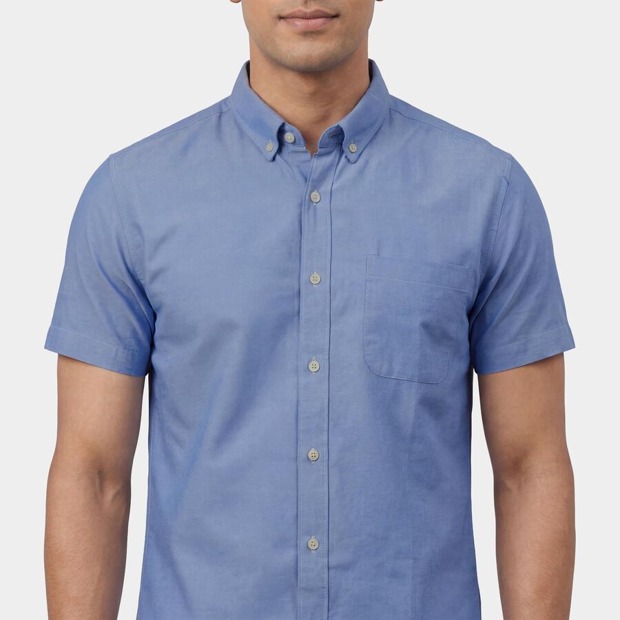 Men's Navy Blue Classic Collar Printed Casual Shirt, मध्यम नीला, large