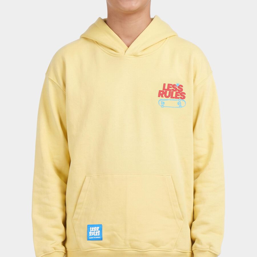 Boys Yellow Hoodie Neck Graphic Print Sweatshirt, Yellow, large