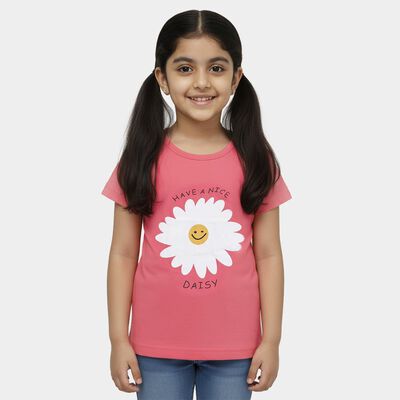 Girls' Bright Coral Pink Cotton Blend Round Neck Casual T-Shirt