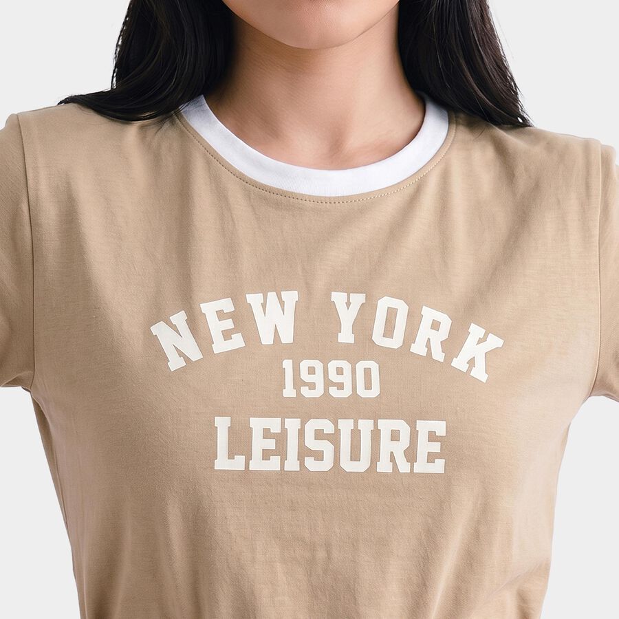 Women Beige Round Neck Regular T-Shirt, Beige, large