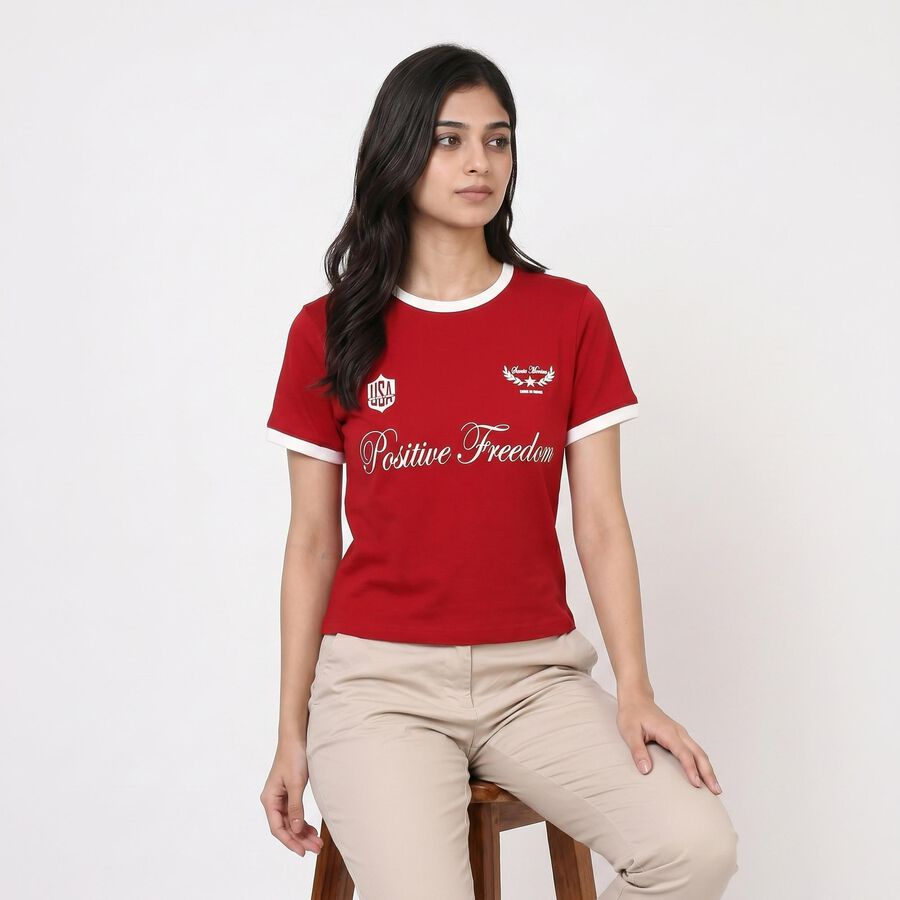 Women's Red Cotton Blend Round Neck Regular T-Shirt, Red, large