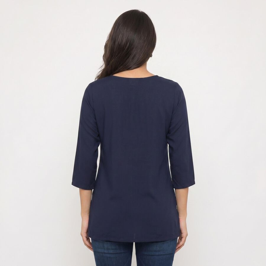 Women's Navy Blue Round Neck Embroidered Kurti, Navy Blue, large