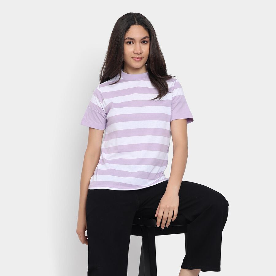 Ladies'  Stripes Round Neck T-Shirt, Lilac, large image number null