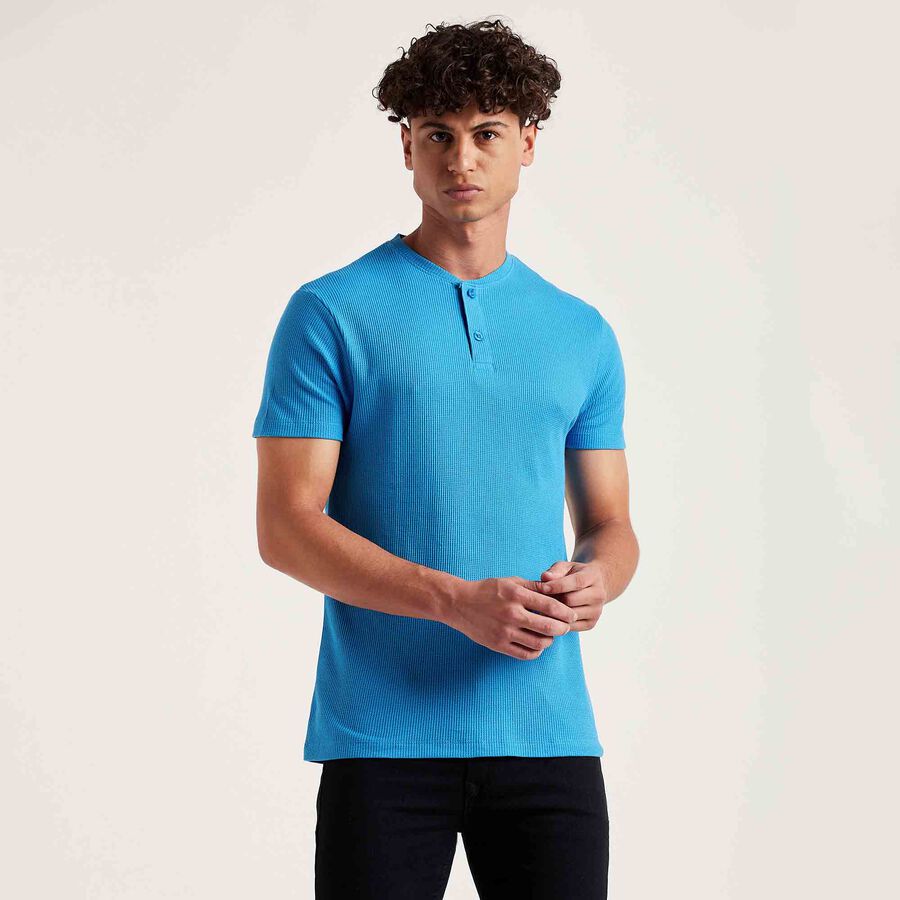 Cotton Solid Henley T-Shirt, Mid Blue, large image number null