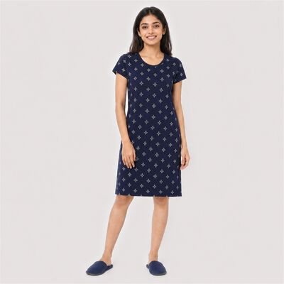Women's Navy Blue Round Neck T-Shirt Style Nighty