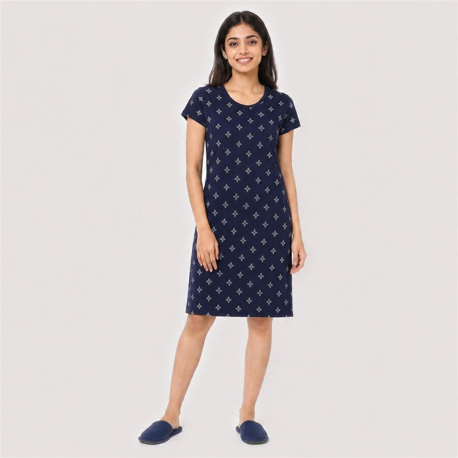 Women's Navy Blue Round Neck T-Shirt Style Nighty, Navy Blue, large