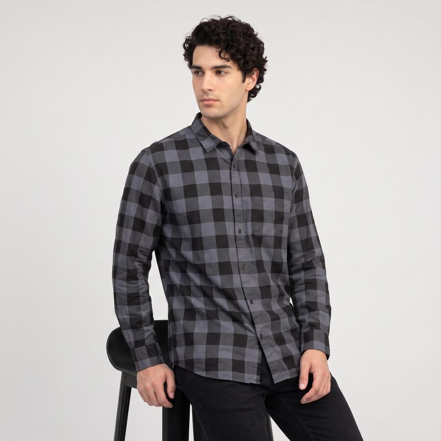 Men's Grey Cotton Long Sleeve Spread Collar Casual Shirt, गहरा ग्रे, large