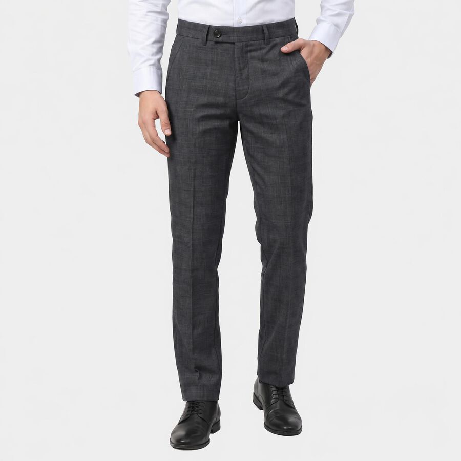 Men's Navy Blue Slim Fit Textured Formal Trousers, Navy Blue, large