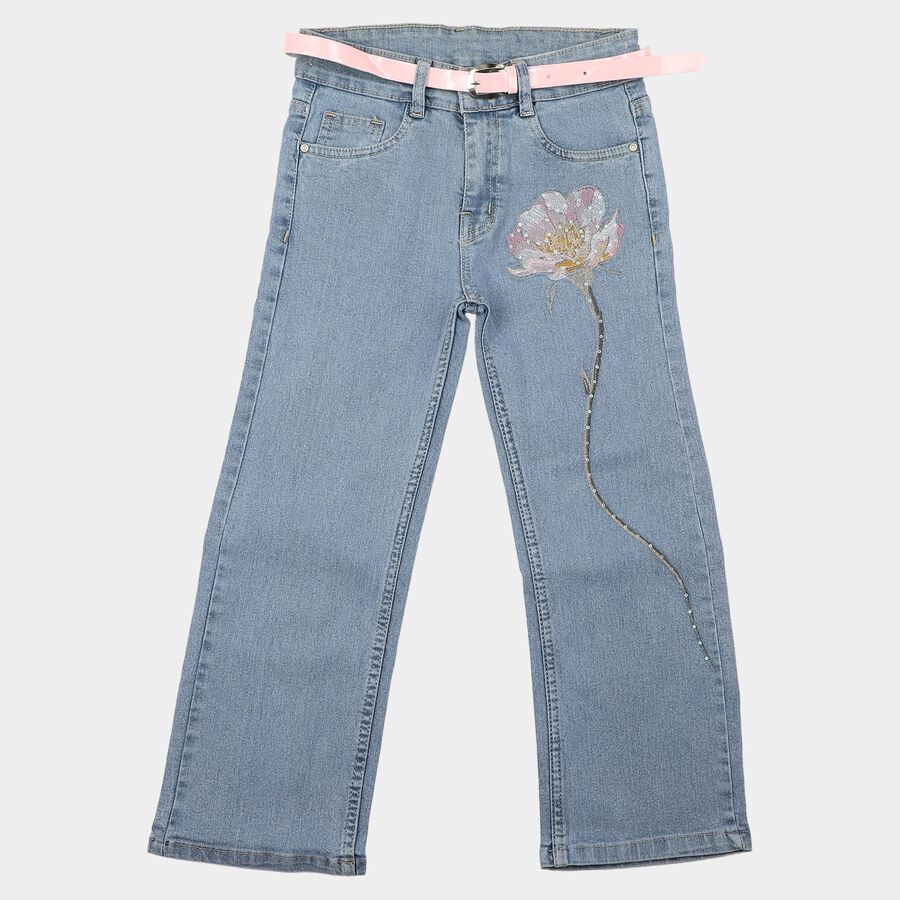 Girls' Light Blue Wide Leg Embroidered Jeans, हल्का नीला, large