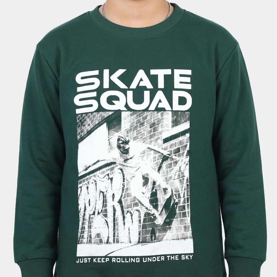 Boys' Green Crew Neck Pullover Sweatshirt, गहरा हरा, large