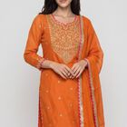 Women's Rust Notch Neck Embroidered Ethnic Set, Rust, small