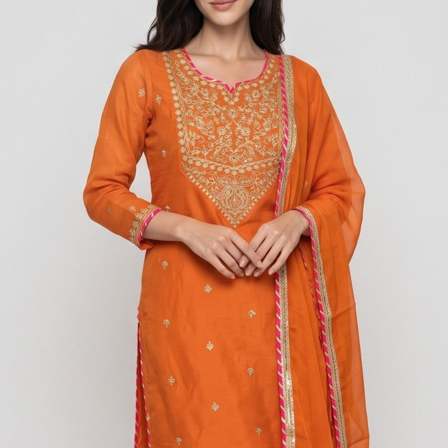 Women's Rust Notch Neck Embroidered Ethnic Set, Rust, large