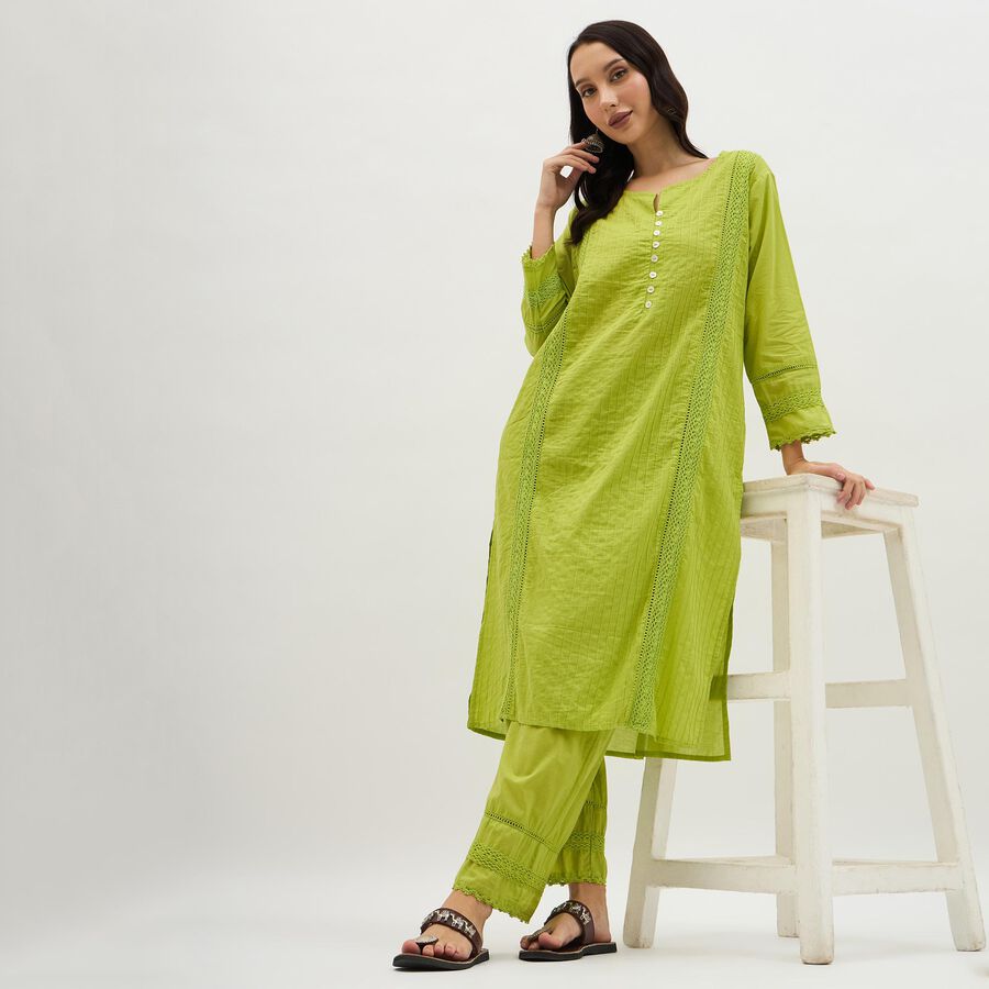Women's Bright Lime Green Cotton Self Design Ethnic Set, Light Green, large image number null