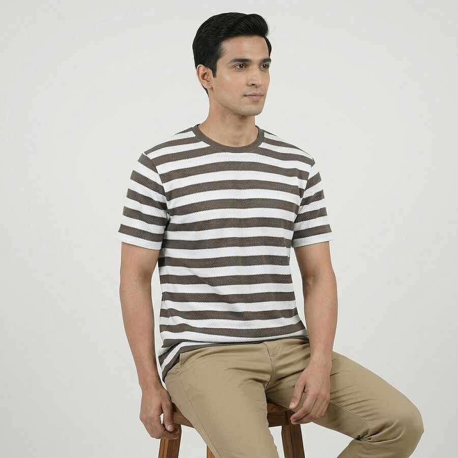 Men's Khaki Round Neck Casual T-Shirt, Khaki, large