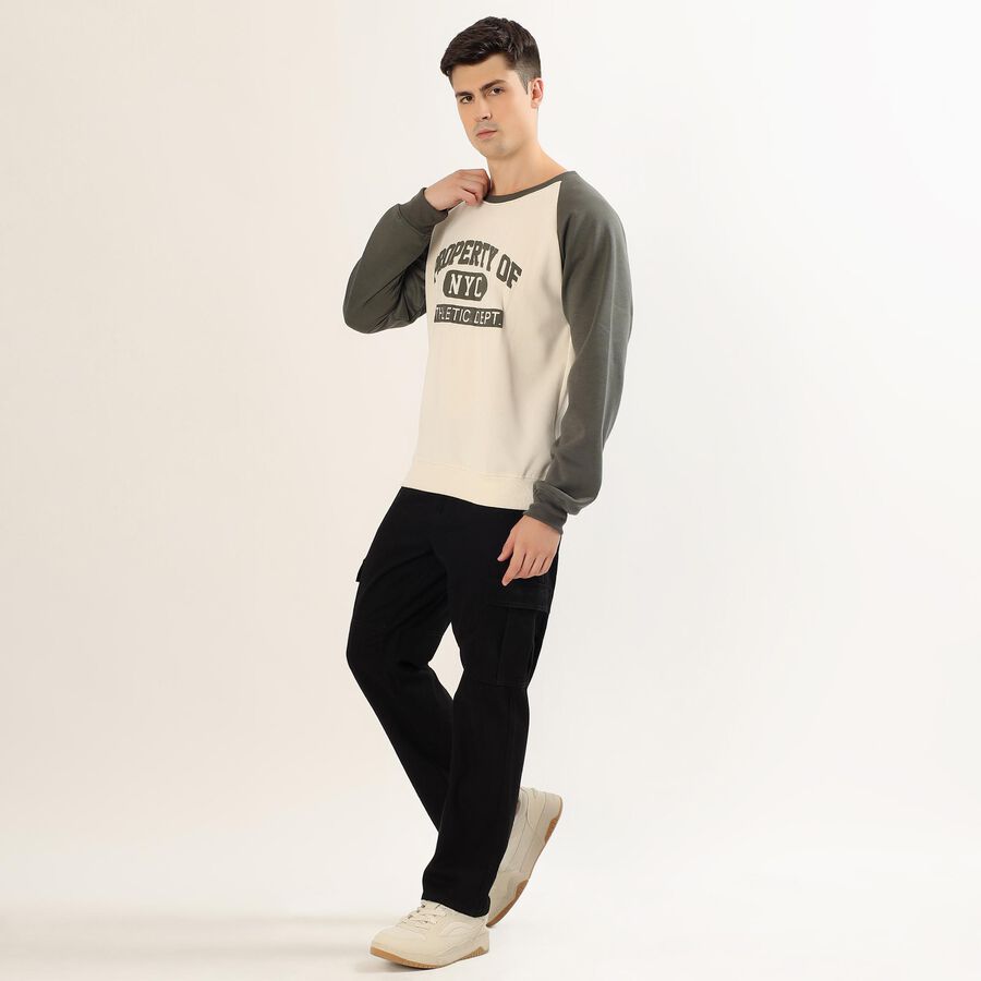 Men's White and Olive Green Crew Neck Casual Sweatshirt, Off White, large image number null