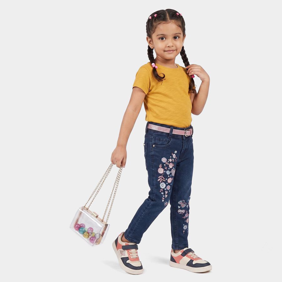 Girls' Navy Blue Slim Fit Embroidered Jeans, गहरा नीला, large