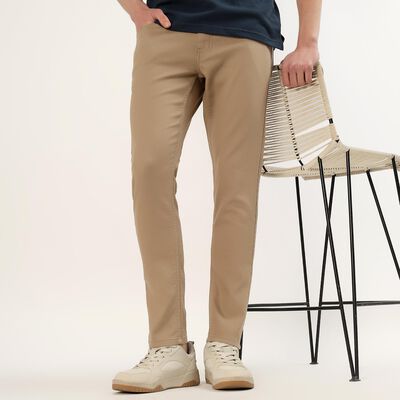 Men's Beige Slim Fit Flat-Front Casual Trousers