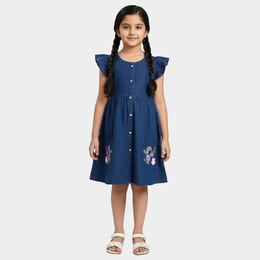 Girls' Blue Regular Fit Floral Printed Ribbon Bow Frock, Mid Blue, large
