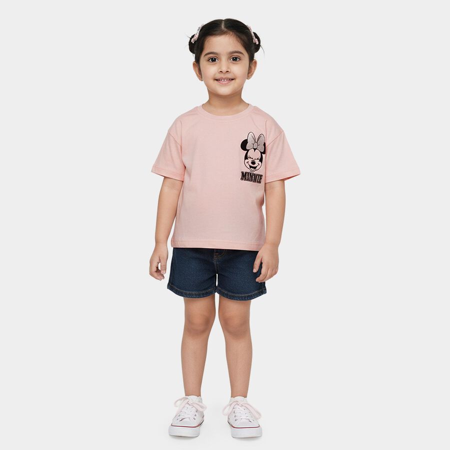 Girls' Pink Cotton Round Neck Minnie Mouse Printed T-Shirt, हल्का गुलाबी, large