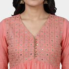 Women's Pink 100% Cotton Round Neck Printed Kurta, Pink, small