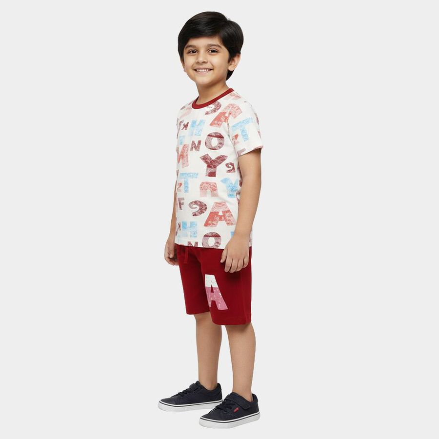 Boys' Off White and Maroon Cotton Round Neck Alphabet Printed Baba Suit, ऑफ व्हाइट, large