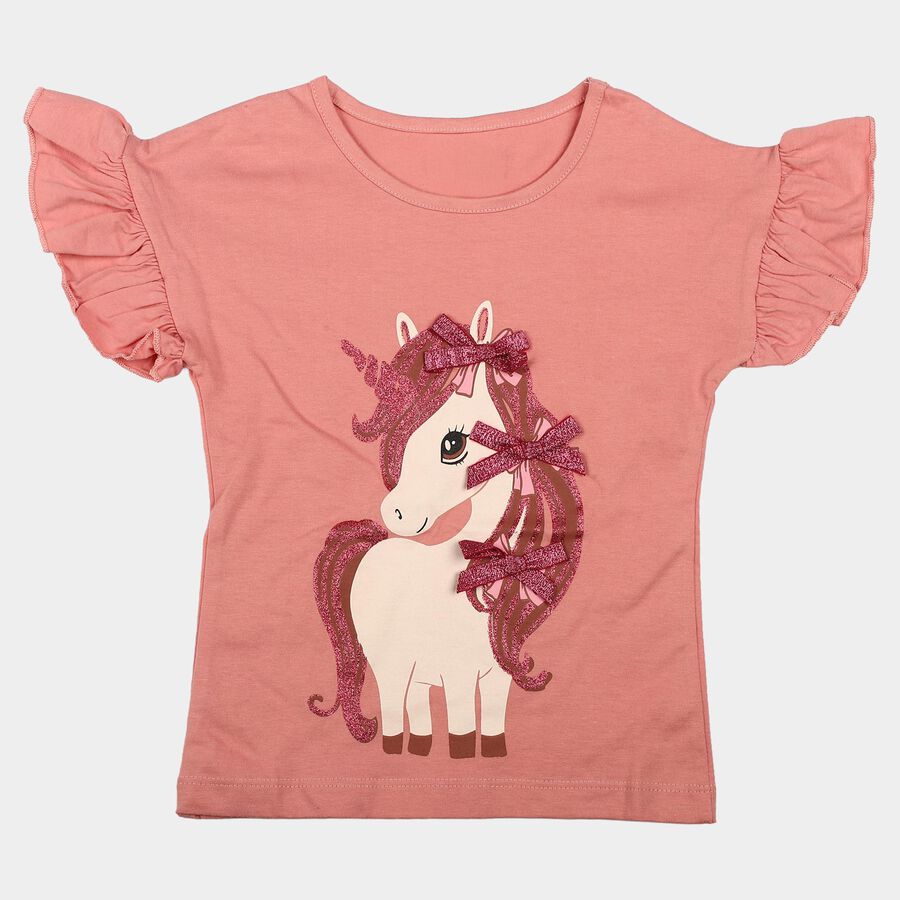 Girls Pink Cotton Round Neck Regular T-Shirt, हल्का गुलाबी, large