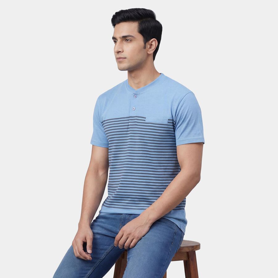 Men's Light Blue Henley Neck Classic T-Shirt, Light Blue, large