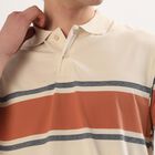 Men's Beige and Orange Polo Neck Striped T-Shirt, Off White, small