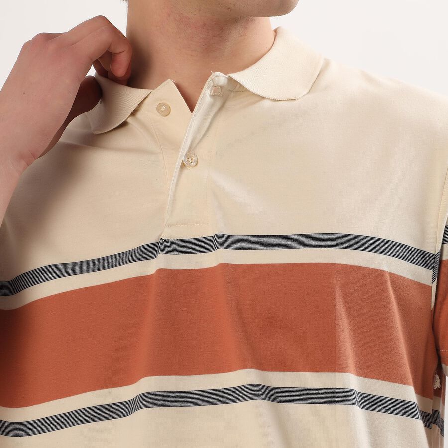 Men's Beige and Orange Polo Neck Striped T-Shirt, Off White, large