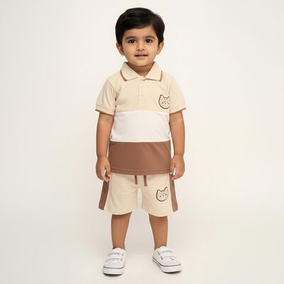 Infants' Beige Cotton Polo Neck Cartoon Patch Baba Suit