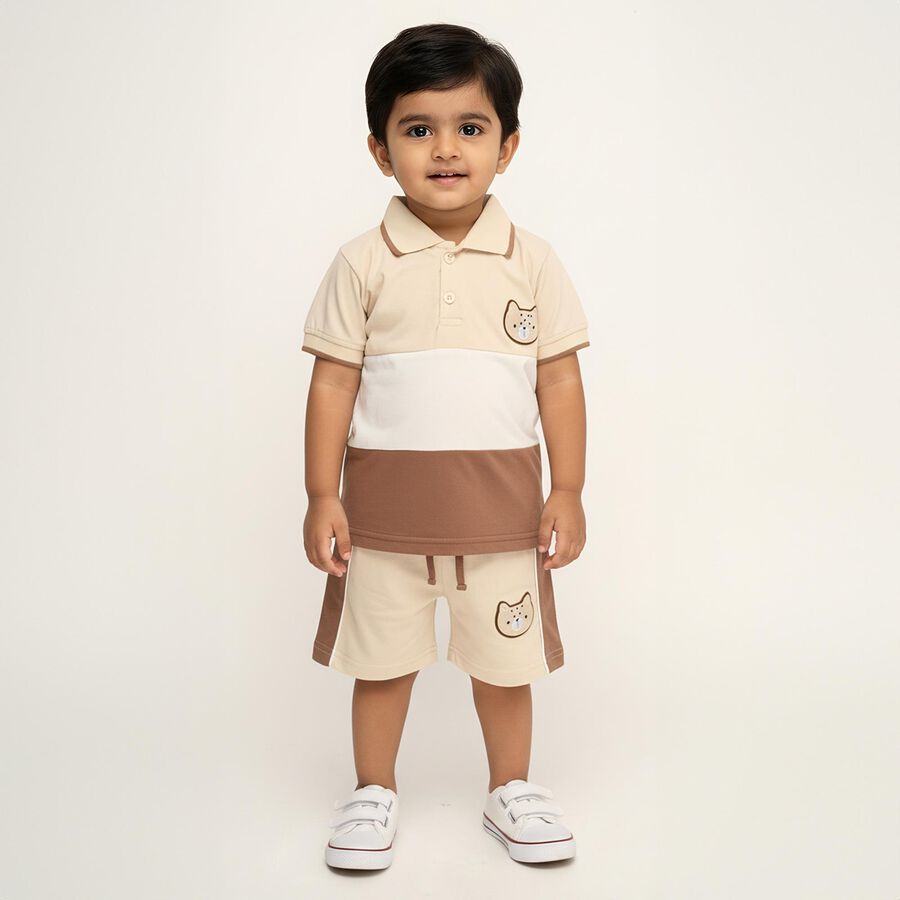 Infants' Beige Cotton Polo Neck Cartoon Patch Baba Suit, Beige, large image number null