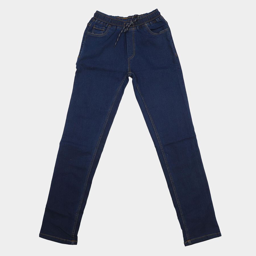 Boys Navy Blue Slim Fit Drawstring Jeans, गहरा नीला, large