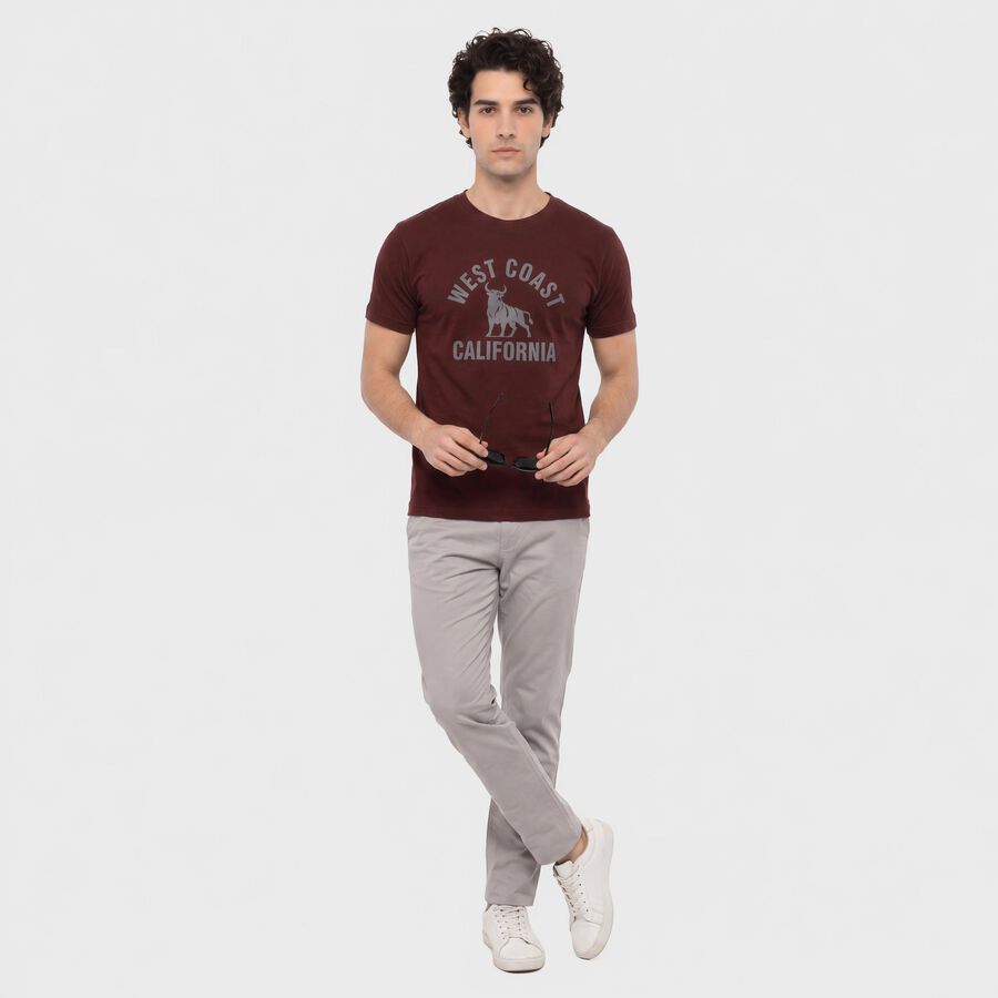 Men's Wine Round Neck Regular Printed T-Shirt, Wine, large