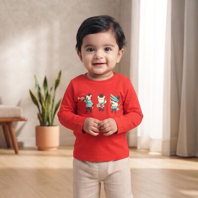 Infants Red Cotton Round Neck Regular T-Shirt