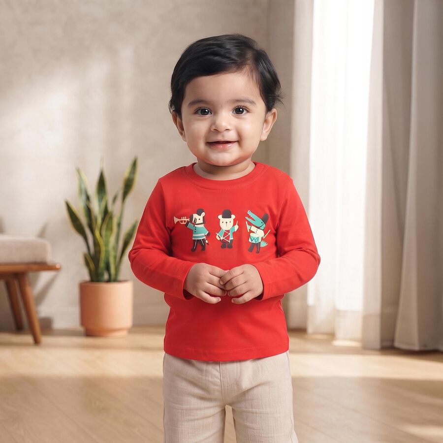 Infants Red Cotton Round Neck Regular T-Shirt, Red, large
