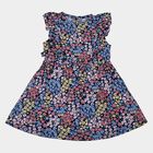 Girls' Navy Blue Floral Printed Sleeveless Frock, नेवी ब्लू, small