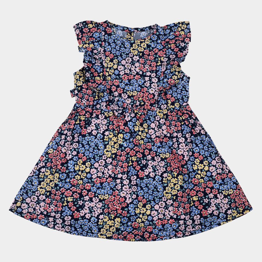 Girls' Navy Blue Floral Printed Sleeveless Frock, नेवी ब्लू, large