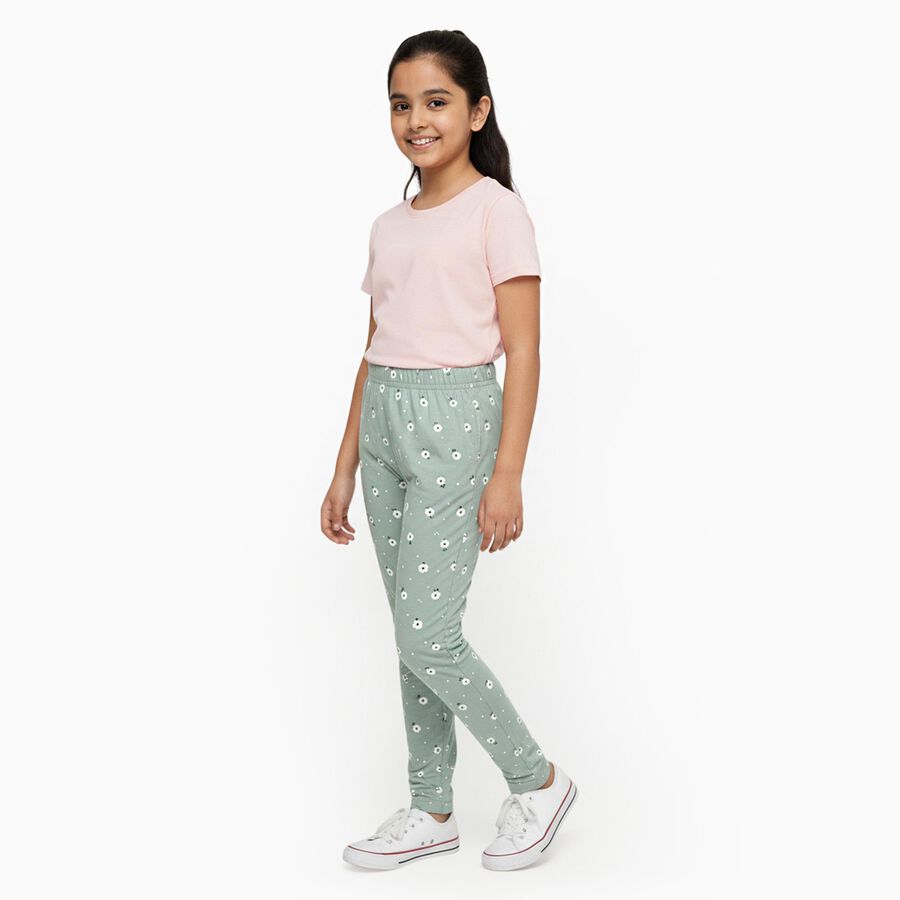 Girls' Muted Sage Green Floral Print Cotton Blend Pyjama, हल्का हरा, large image number null