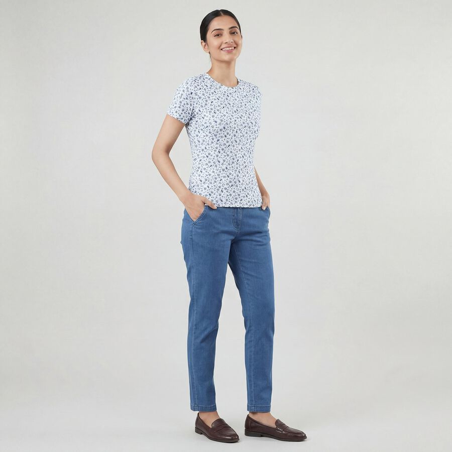 Women's Blue Cotton Blend Round Neck Casual T-Shirt, Blue, large