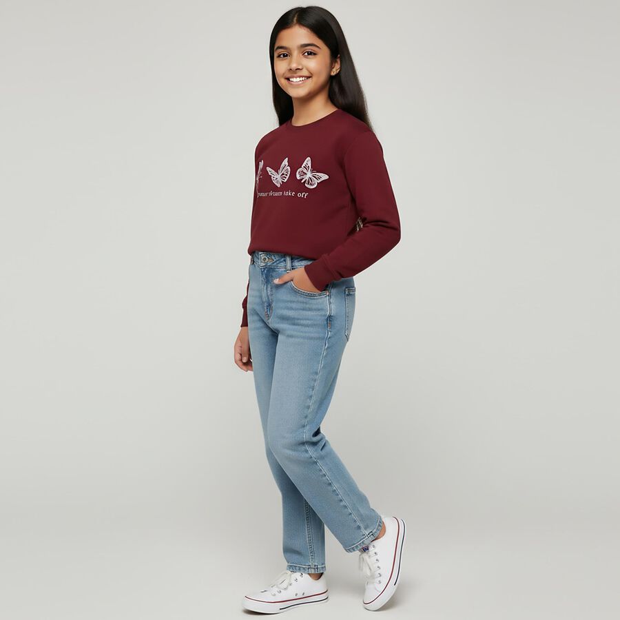 Girls Deep Burgundy Crew Neck Casual Sweatshirt, Wine, large image number null
