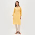 Women's Bright Mustard Yellow Round Neck Embroidered Kurta, Yellow, small