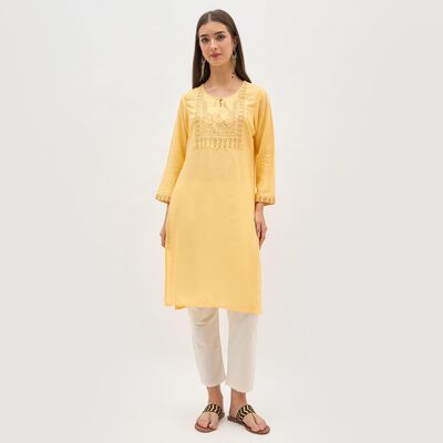 Women's Bright Mustard Yellow Round Neck Embroidered Kurta