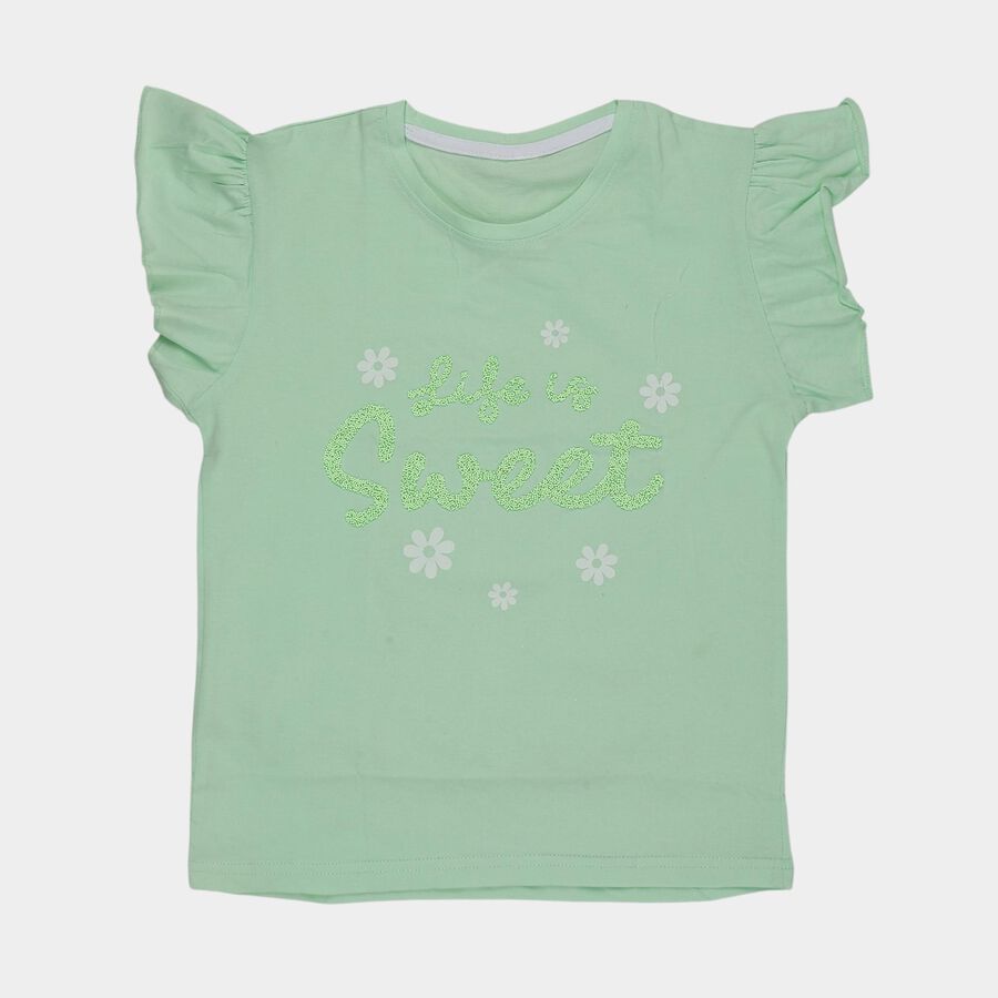 Girls' Mint Green Cotton Round Neck Casual T-Shirt, Light Green, large