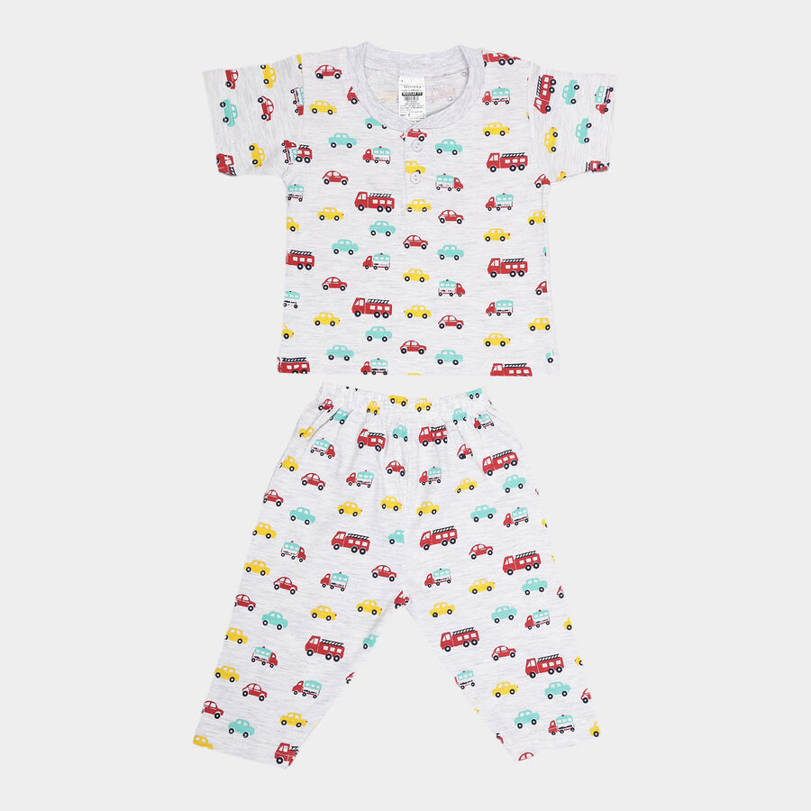 Infants Cotton Printed Night Suit, Melange Light Grey, large image number null