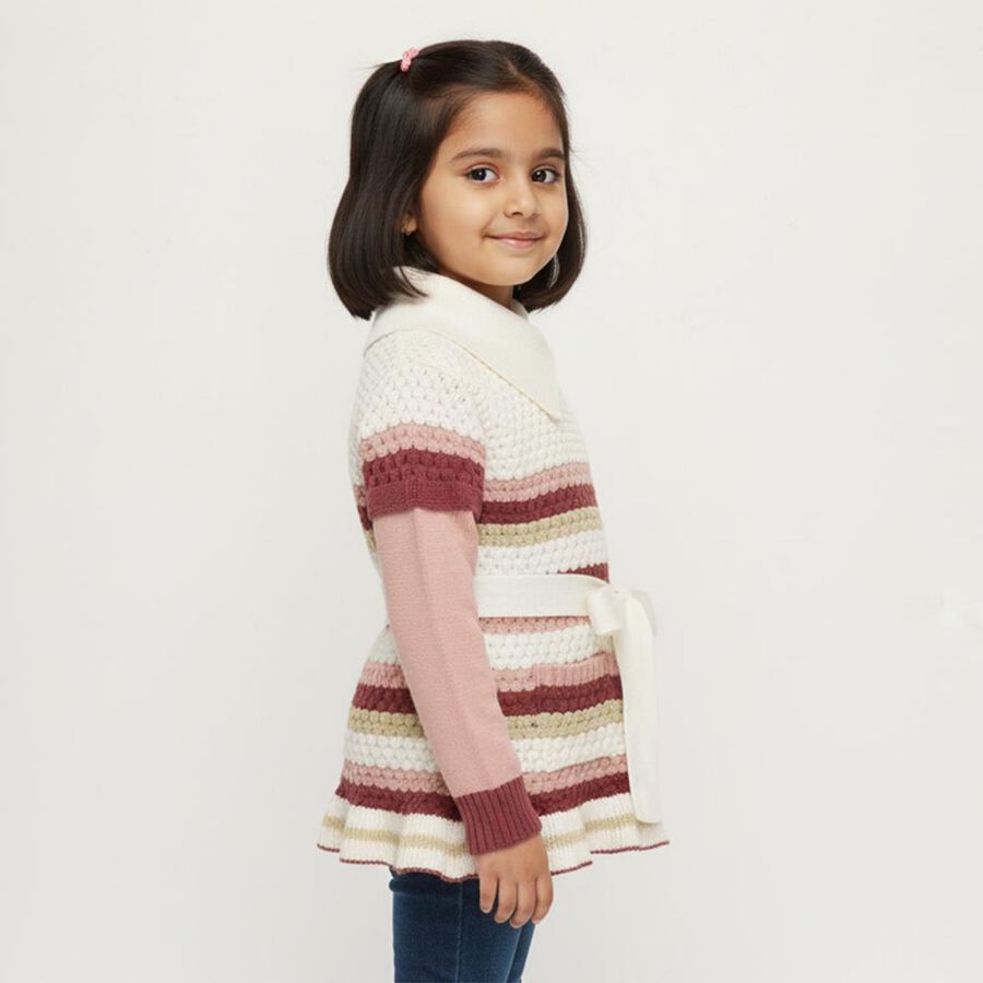 Girls Muted Pink and Cream White Collared Casual Pullover, गुलाबी, large image number null