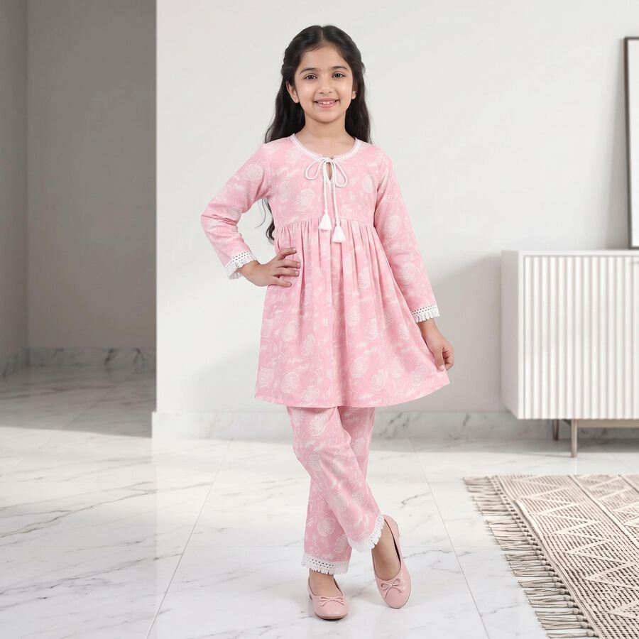 Girls Pink Round Neck Fusion Set Upper and Bottom Set, Light Pink, large